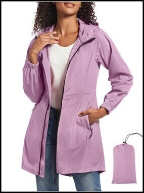 SaphiRose Women's Long Packable Waterproof Rain Jacket with Hood
